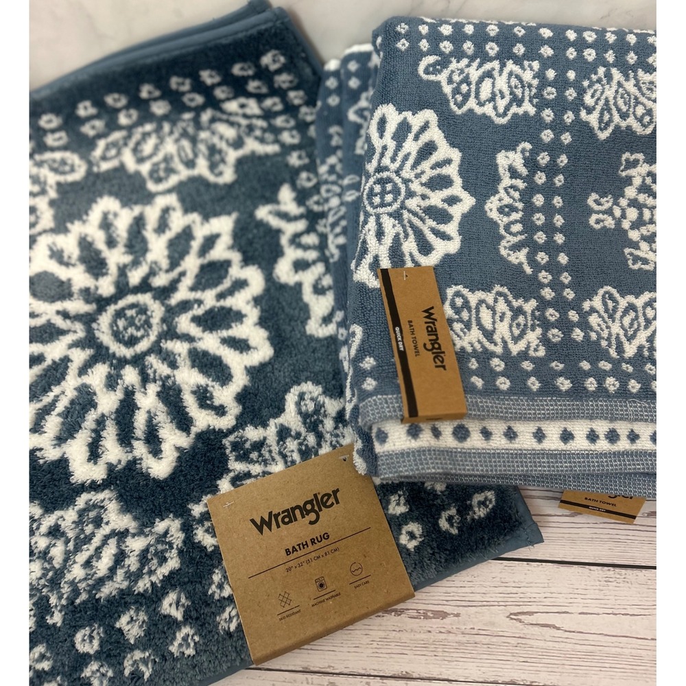 Wrangler 3pc Bath Set Blue White Floral Medallion Bath Rug & 2 Bath Towels NEW